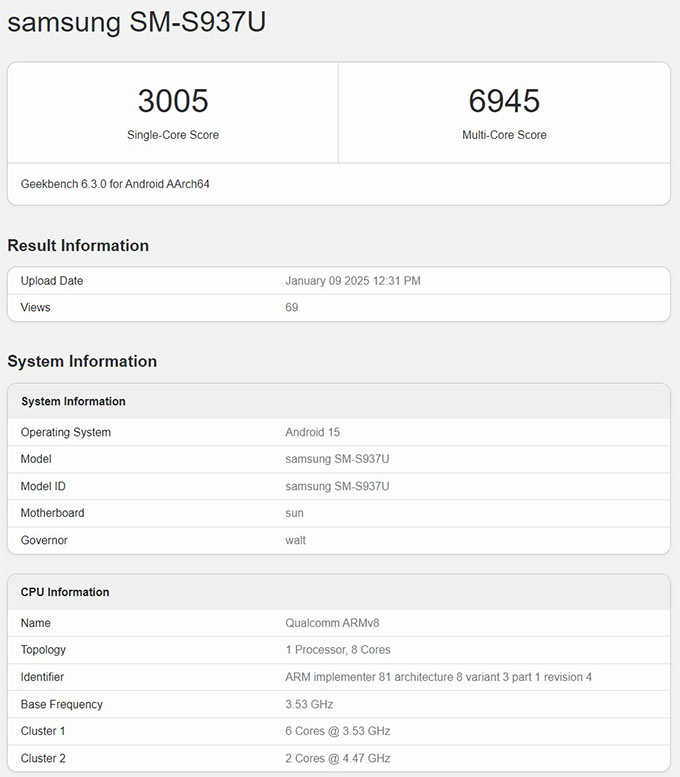 Samsung Galaxy S25 Slim lộ điểm trên Geekbench 6 với chip Snapdragon 8 Elite