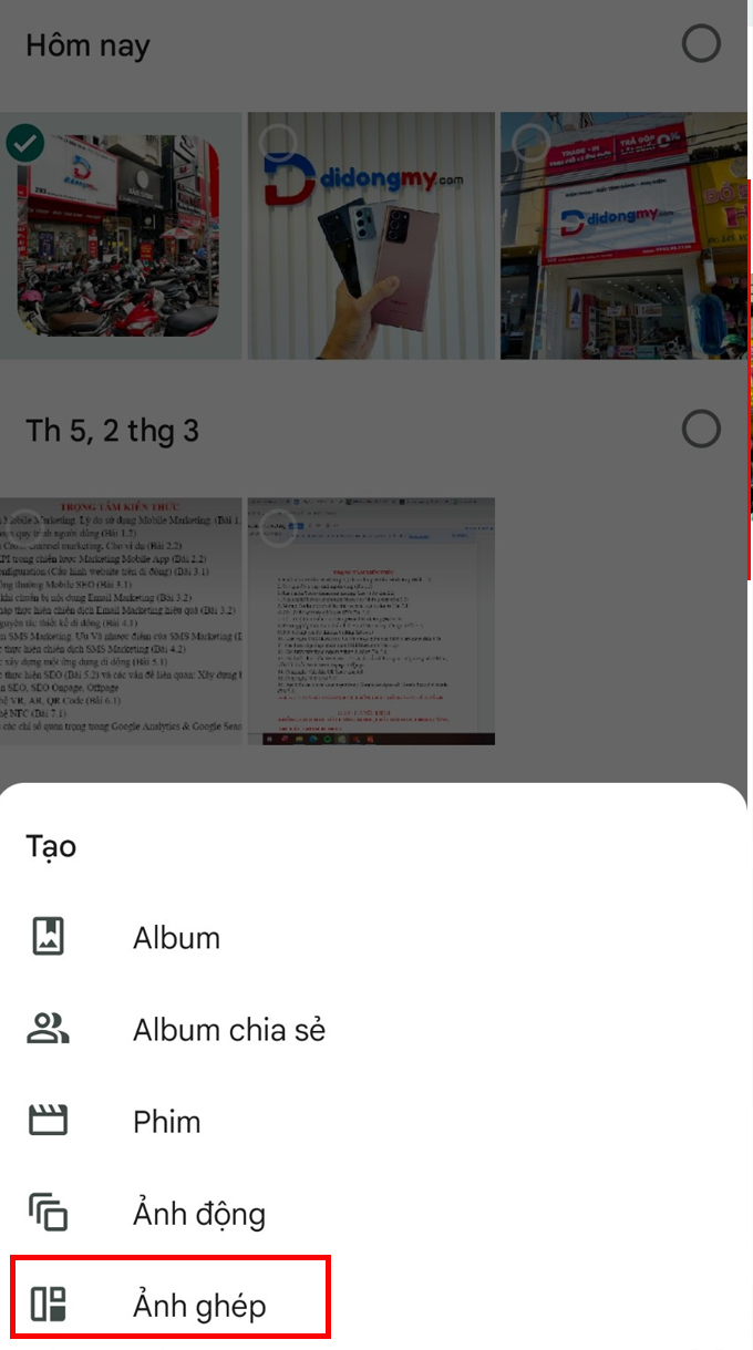 Cách tạo ảnh ghép trên Android bằng Google Photos bước 3 chọn ảnh ghép