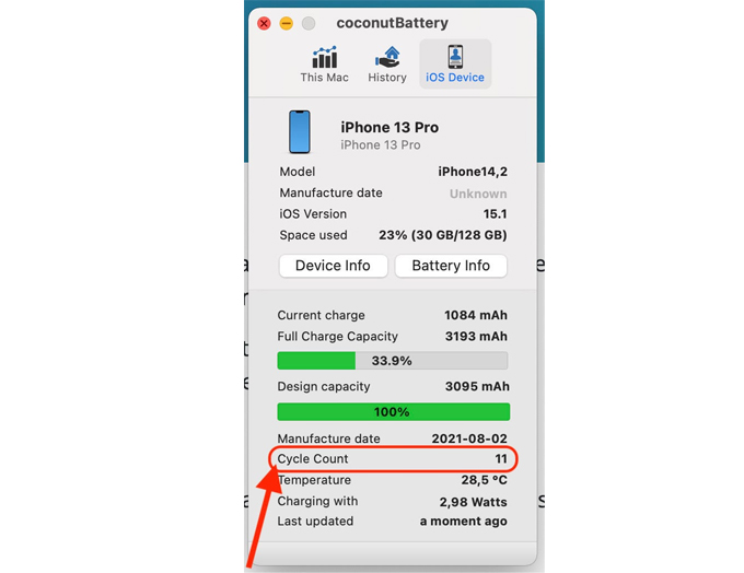 Cách kiểm tra số lần sạc iPhone bằng check kết quả