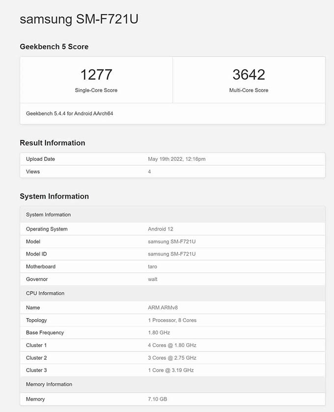 Galaxy Z Flip 4 xuất hiện trên GeekBench 5 với chip Snapdragon 8 Gen 1 Plus