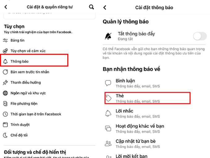 Cách tắt thông báo nêu bật trên Facebook bước 2 chọn thông báo