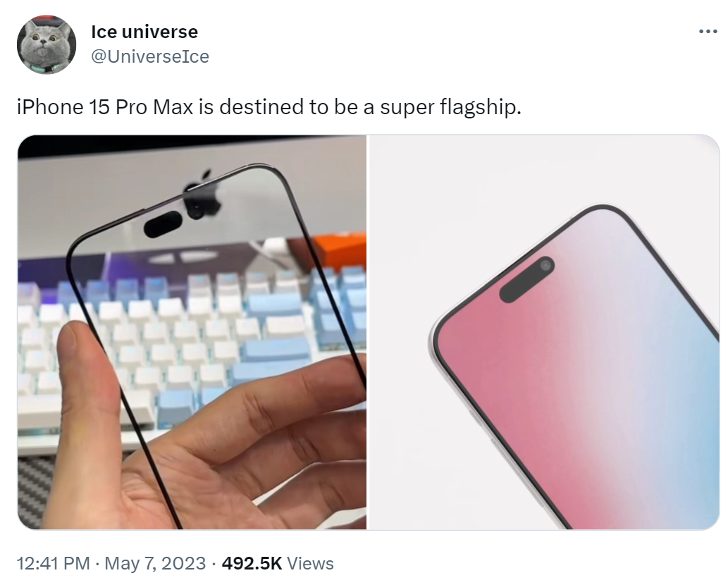 Bài đăng của Ice Universe tiết lộ phần viền siêu mỏng của iPhone 15 Pro Max bằng hình ảnh nhá hàng.