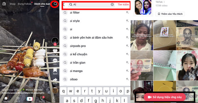 tìm filter trên TikTok cách 2 tìm filter trên TikTok tại mục tìm kiếm chọn tìm kiếm gõ fillter cần tìm