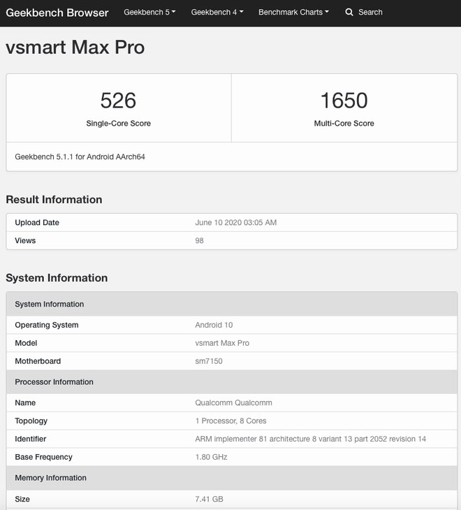 Vsmart Max Pro bất ngờ xuất hiện trên Geekbench