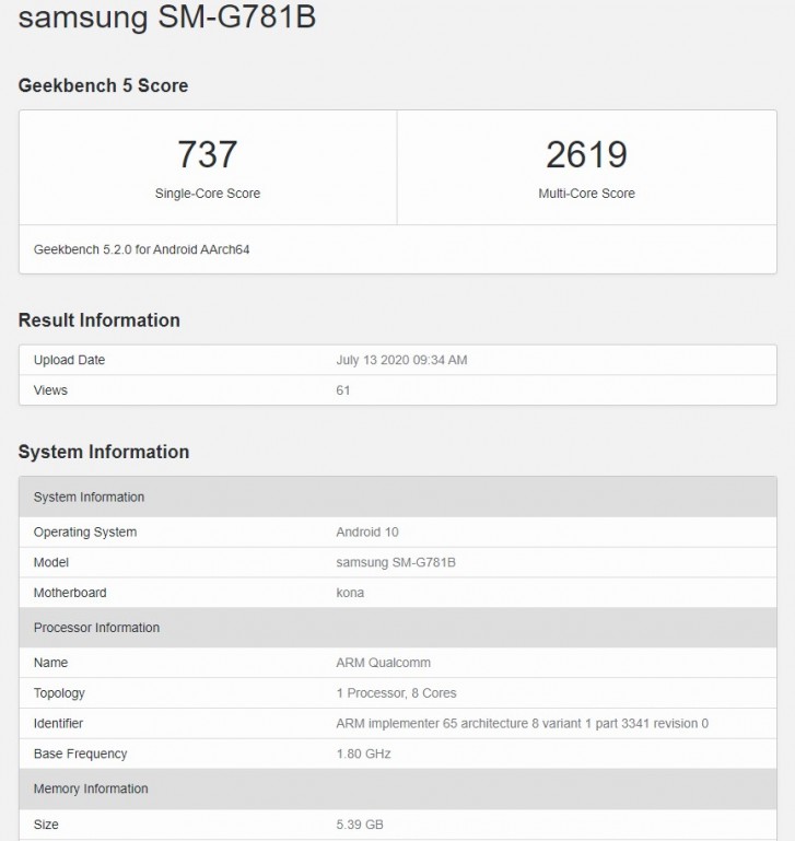 điểm geekbench galaxy s20 lite