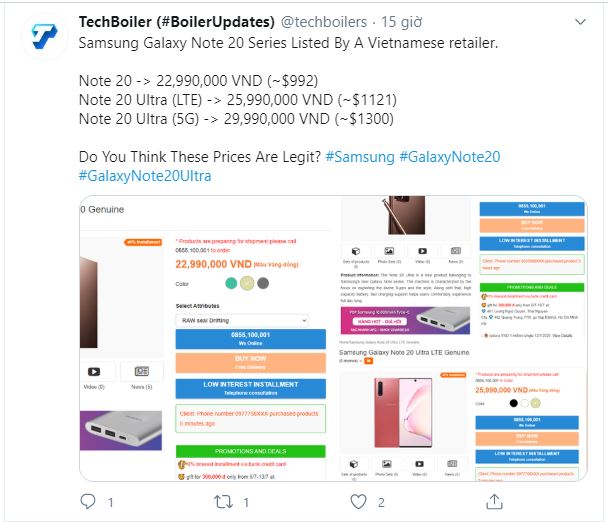 Giá bán Galaxy Note 20 được hé lộ