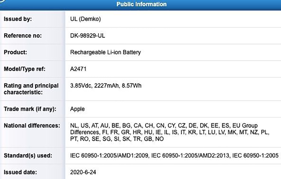 Thông tin pin iPhone 12 mã hiệu A2471: