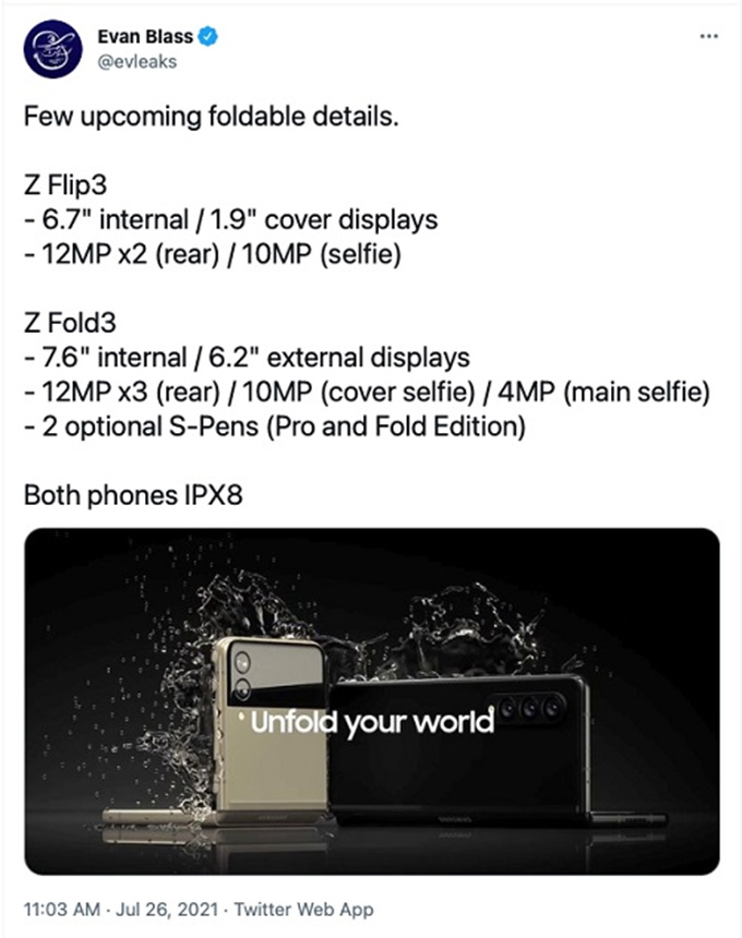 Thông tin màn hình, camera của Galaxy Z Fold 3 và Galaxy Z Flip 3 chính thức được xác nhận