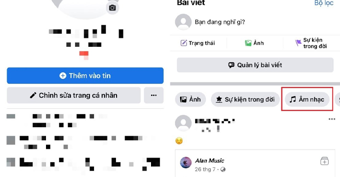 Cách chèn nhạc vào tiểu sử Facebook chọn trang cá nhân và nhấn vào âm nhạc