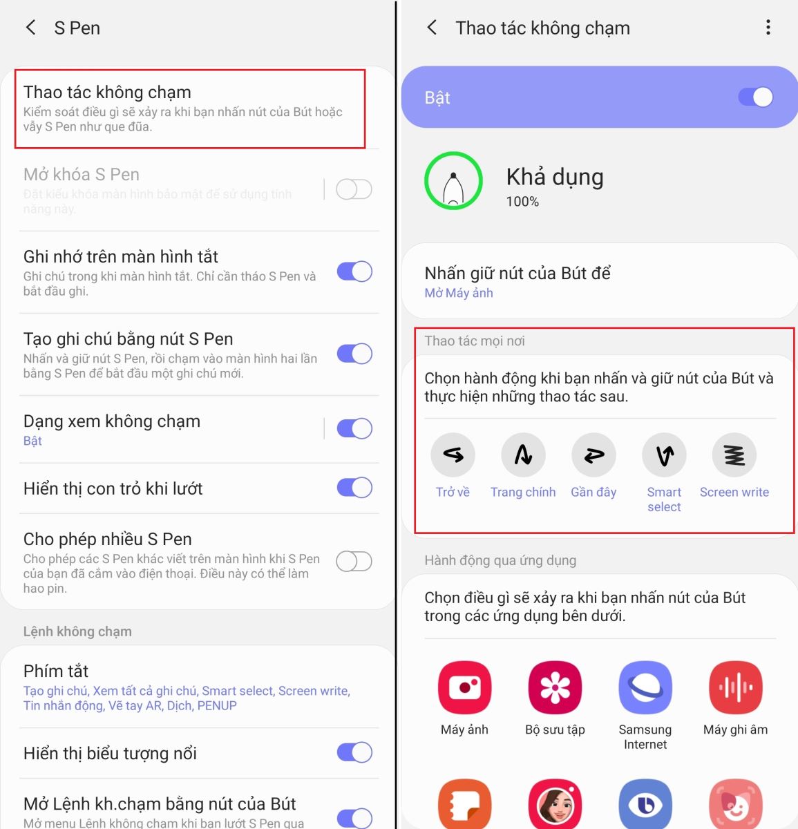 Tùy chỉnh các cử chỉ bằng S-Pen