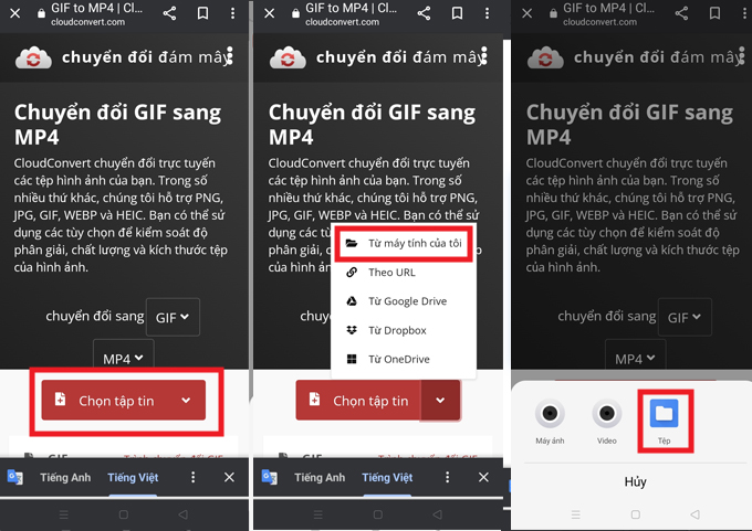 Cách chuyển đổi GIF thành video trên Android bằng trình duyệt Cloudconvert