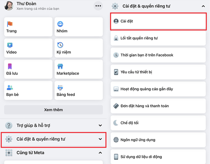 Cách xóa ứng dụng kết nối với tài khoản Facebook bước vào cài đặt