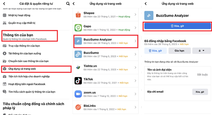 Cách xóa ứng dụng kết nối với tài khoản Facebook bước xóa cài đặt