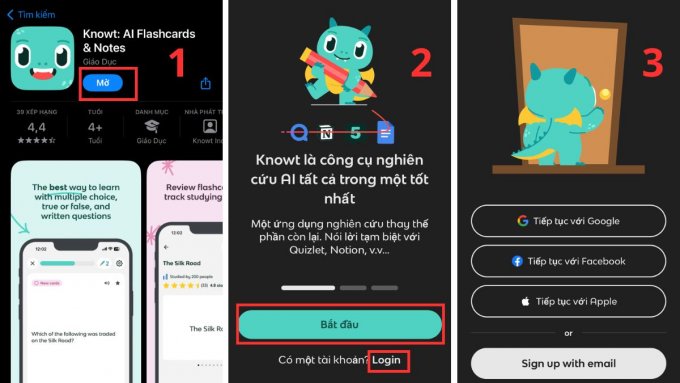Sau khi cài đặt thành công, mở ứng dụng Knowt và đăng nhập nếu bạn đã có tài khoản