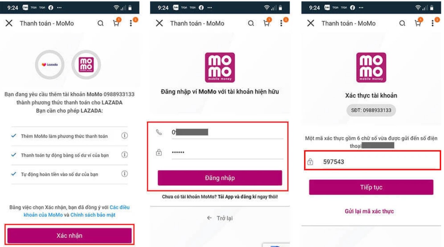 Các bước chi tiết để liên kết Momo với Lazada thành công.