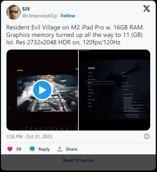 iPad Pro M2 với RAM 16GB có thể chạy Resident Evil Village ở cài đặt hình ảnh tối đa và vượt xa độ phân giải QHD