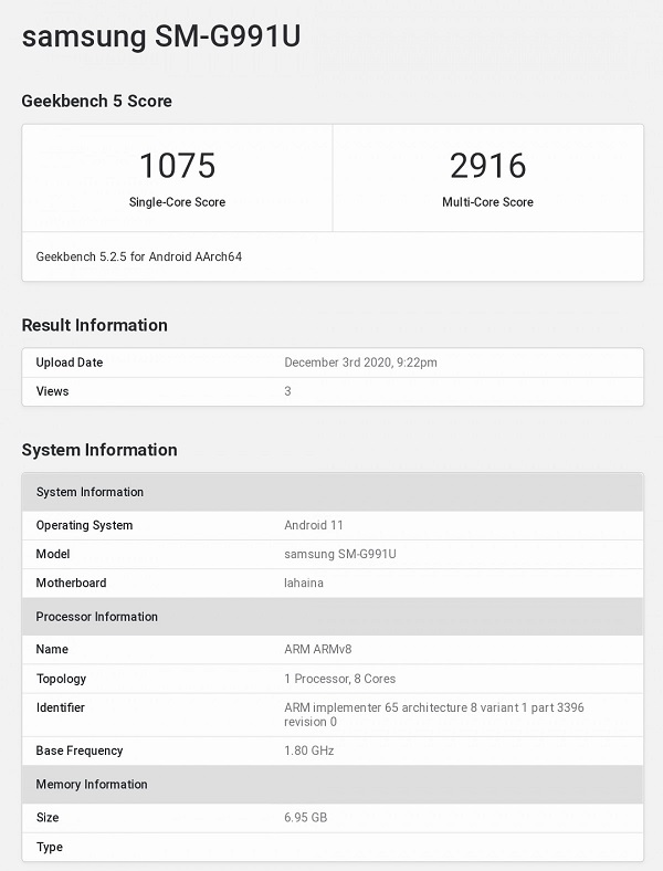 Galaxy S21 với chip xử lý Snapdragon 888, RAM 8GB bất ngờ xuất hiện trên Geekbench