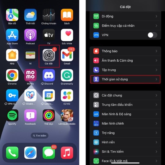 Bước 1: Mở ứng dụng Cài đặt > Nhấn vào Thời gian sử dụng.